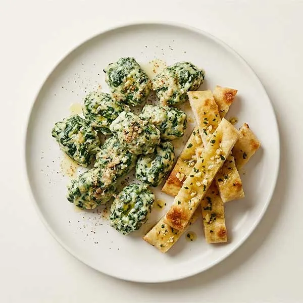 Spinach & Ricotta Malfatti (Gnocchi) with Garlic Focaccia Strips